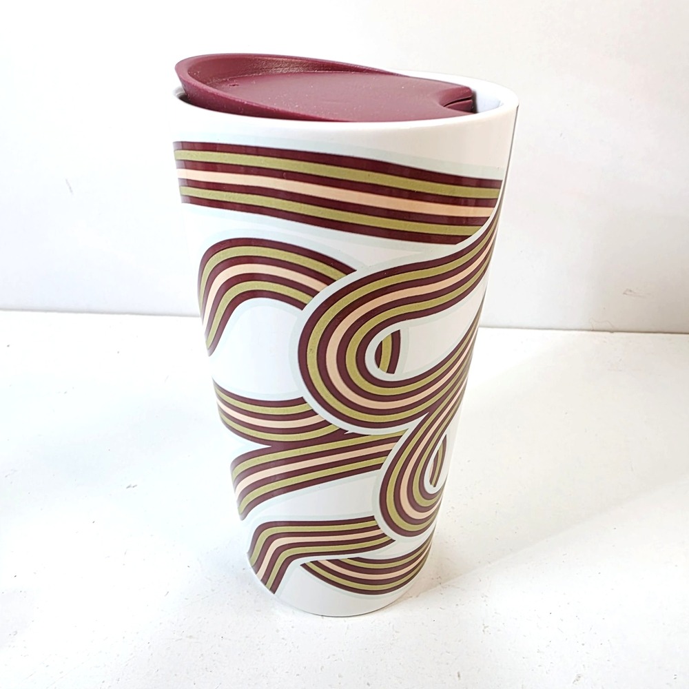 Starbucks 2024 Fall White Gold Maroon Ribbon Ceramic 12 oz To Go Tumbler